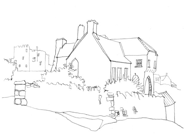 Pencil-line drawing of medieval house with castle behind